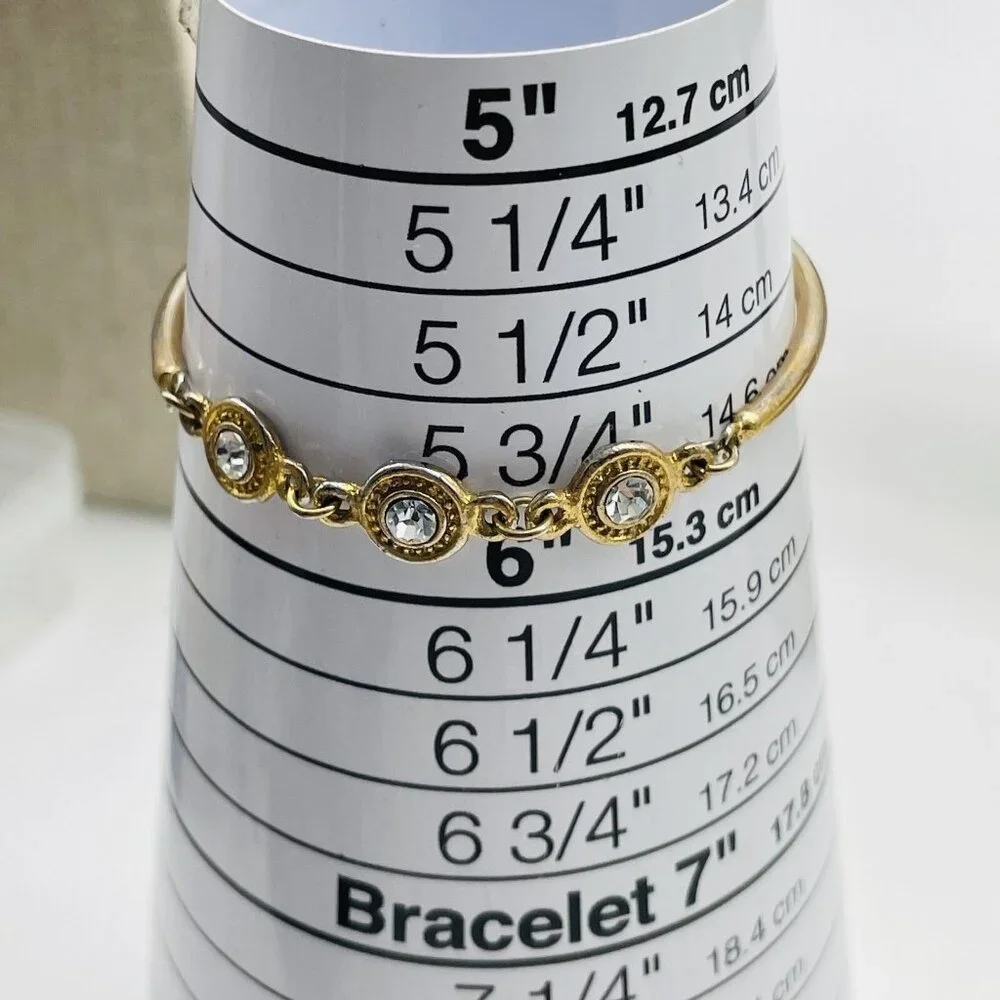 Gold Tone Bracelet With Clear Rhinestones and Heart Charm Vintage